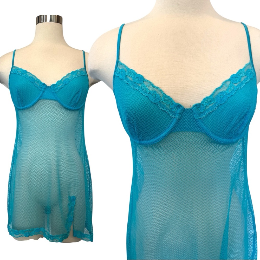 2003 Victoria’s Secret Aqua Blue Fishnet Lace Babydoll Slip Dress Chemise 36C